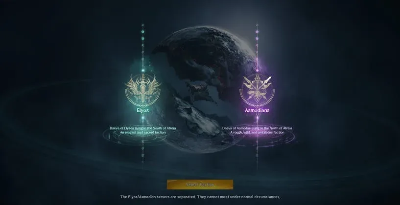 Elyos and Asmodian choices in the AION 2 faction selection interface