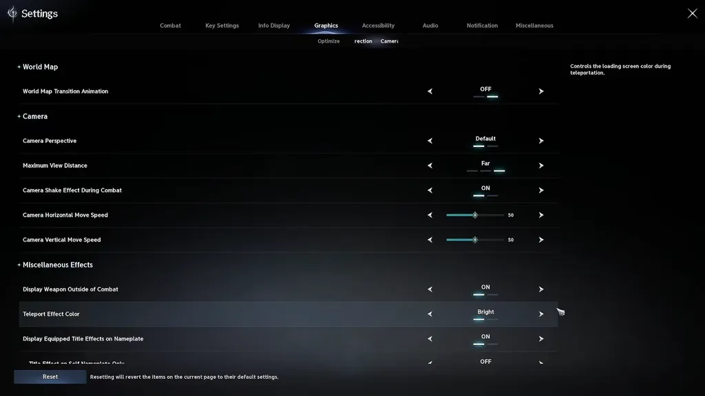 AION 2 Graphics camera settings showing horizontal and vertical camera movement speed sliders with nearby camera options