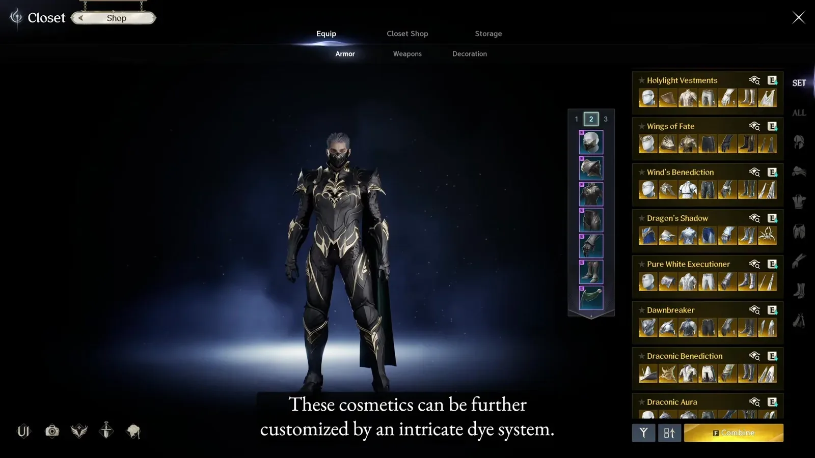 AION 2 Closet interface with character preview, Equip, Closet Shop, Storage, and appearance-set filters