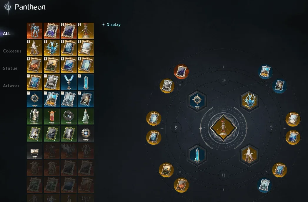 AION 2 Pantheon interface showing Colossus, Statue, and Artwork display slots
