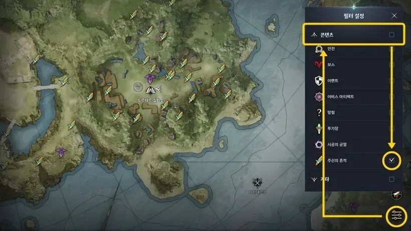 AION 2 world map filter menu with Content expanded and the Traces of the Deity layer highlighted