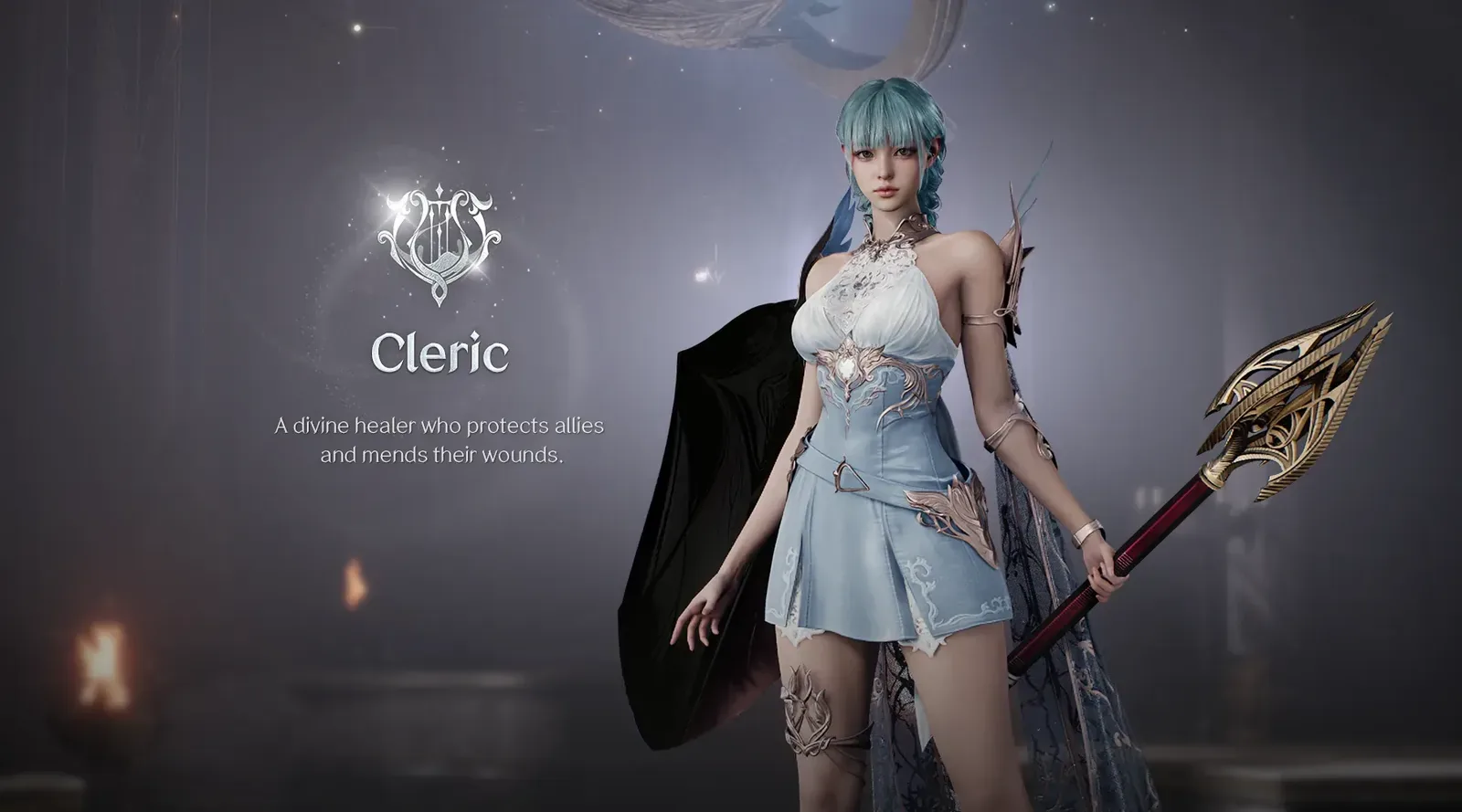 Official Cleric character render showing the class weapon and emblem
