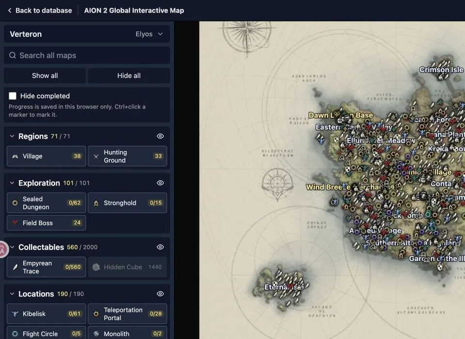Gaming Tools AION 2 Global Interactive Map with Verteron selected and collectible and travel filters