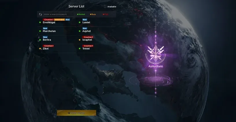 AION 2 Asmodian server list with server names and status labels.