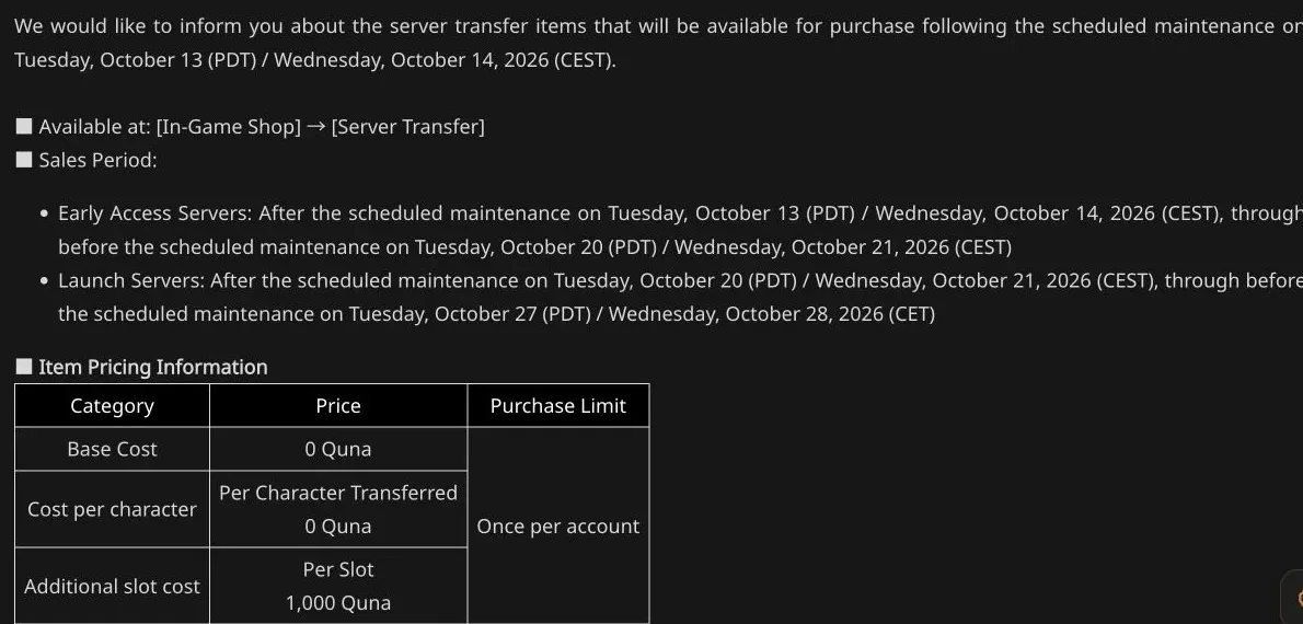 Official AION 2 transfer notice showing Early Access and launch sales windows and the Quna price table