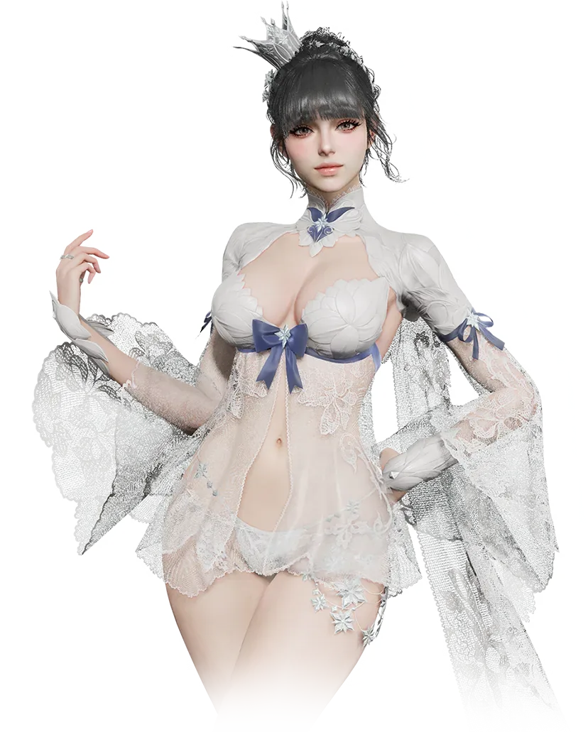 Official AION 2 Snowy Sheer outfit render with white lace and blue bows