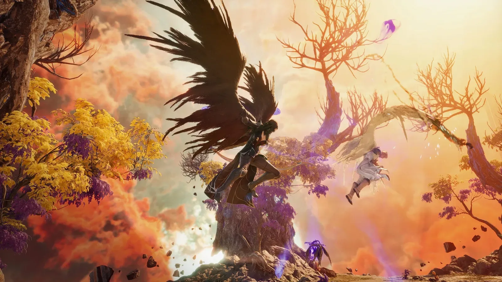 An AION 2 character with large black wings flies above a colorful fantasy landscape.