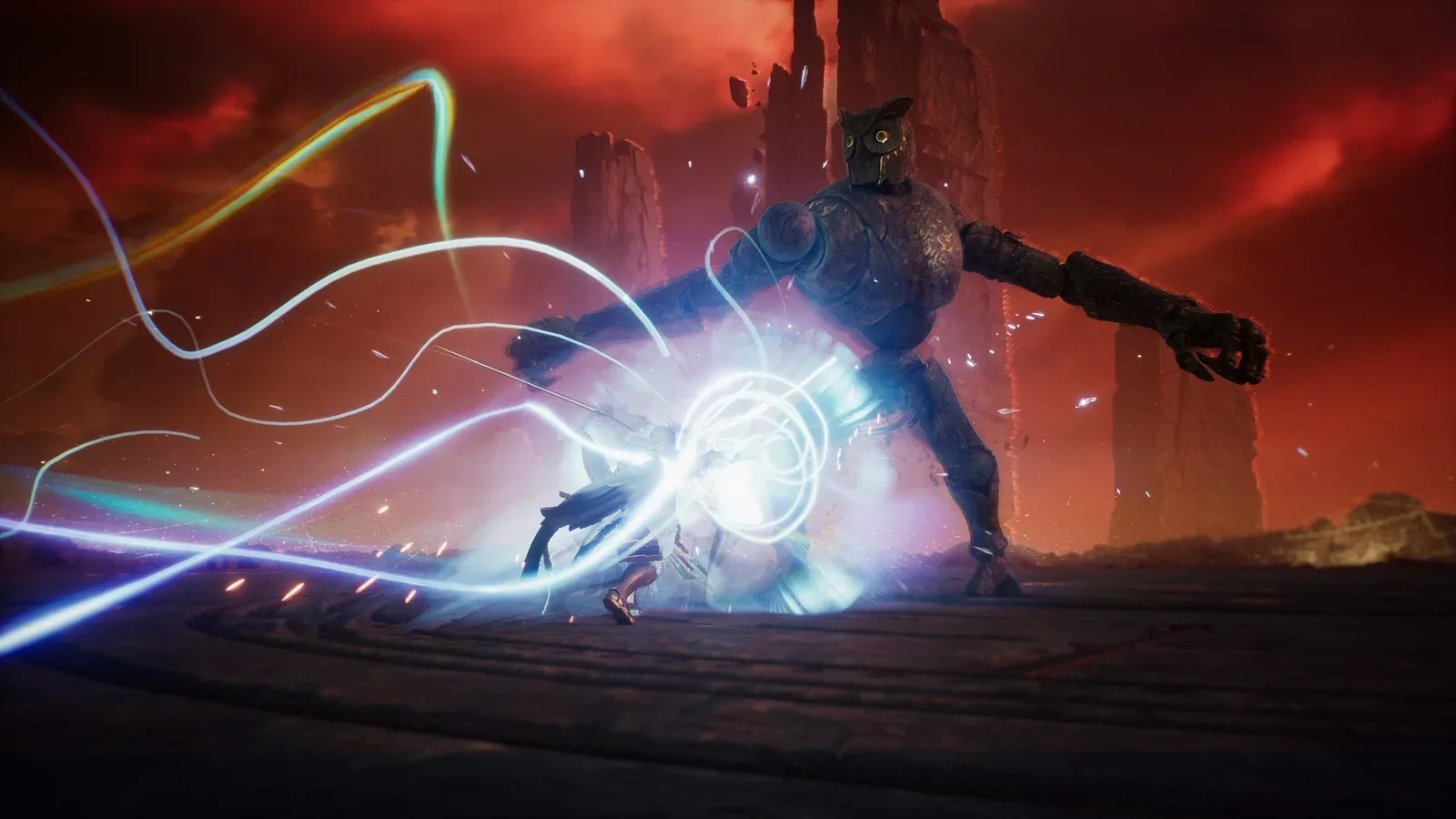 An AION 2 character battles a large humanoid enemy amid bright combat effects.