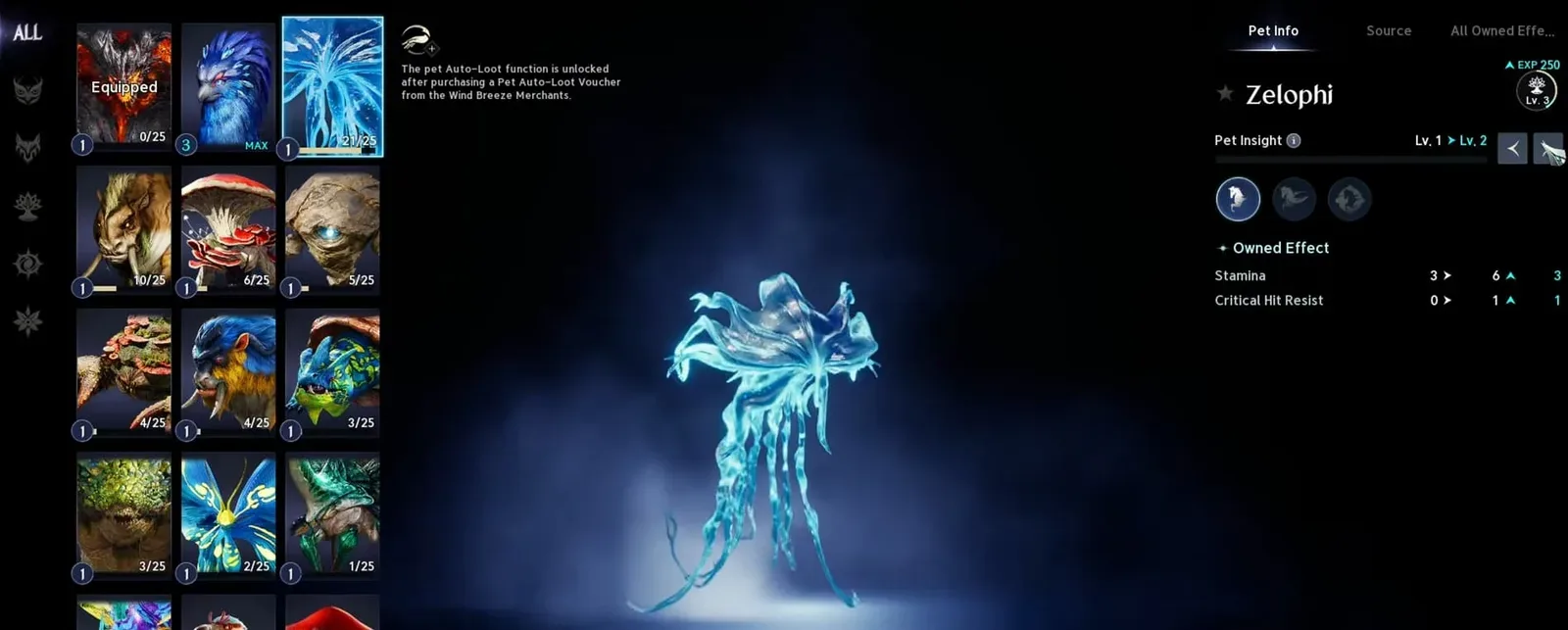 Zelophi in the AION 2 Pets menu with Pet Insight and Owned Effect details