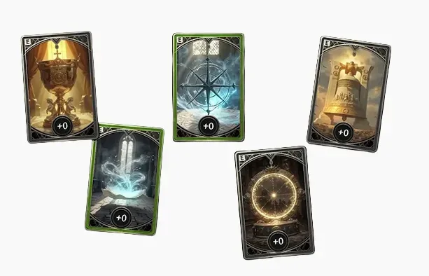 Five AION 2 Arcana cards illustrated as a chalice, parchment, compass, bell and mirror