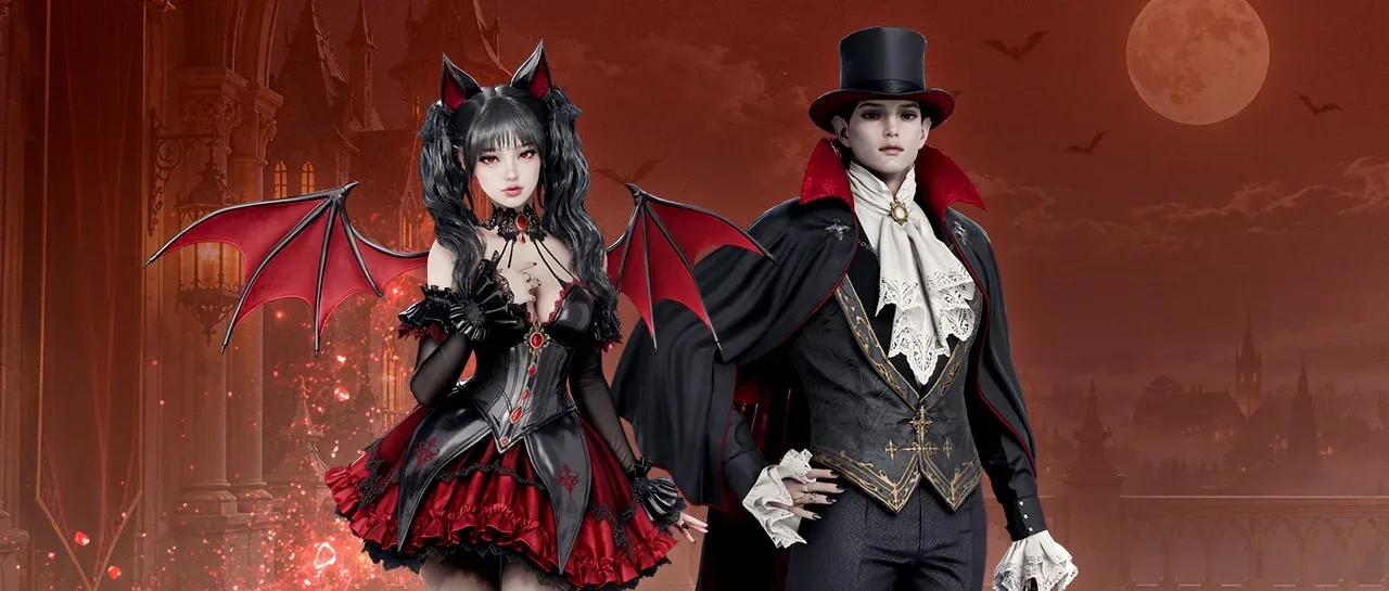 Monarch of Blood outfit previews with black-and-red clothing, a cape and bat wings