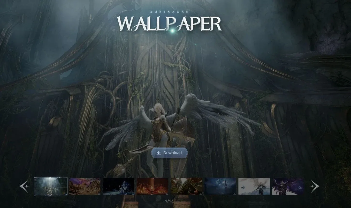 Official AION 2 Wallpaper section with selected artwork, Download control and gallery thumbnails