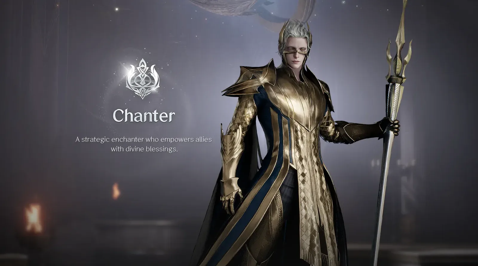 Official Chanter character holding a staff beside the Chanter class emblem