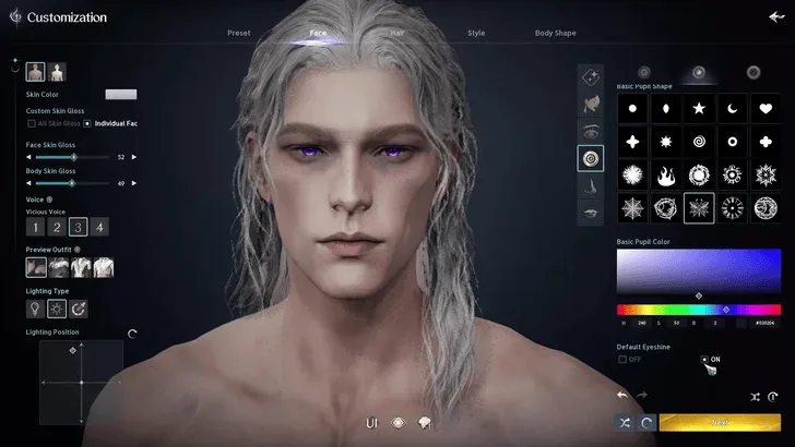 AION 2 eye customization screen showing fantasy eye pattern and color controls