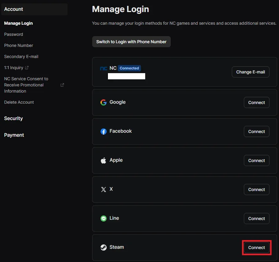 NC Manage Login page listing linked login methods with the Steam connection control highlighted