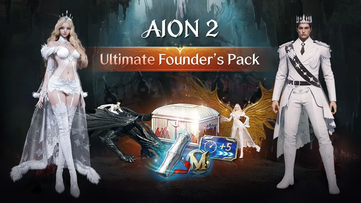 AION 2 Ultimate Founder’s Pack artwork showing a black dragon companion, pale armor cosmetics, and golden wings