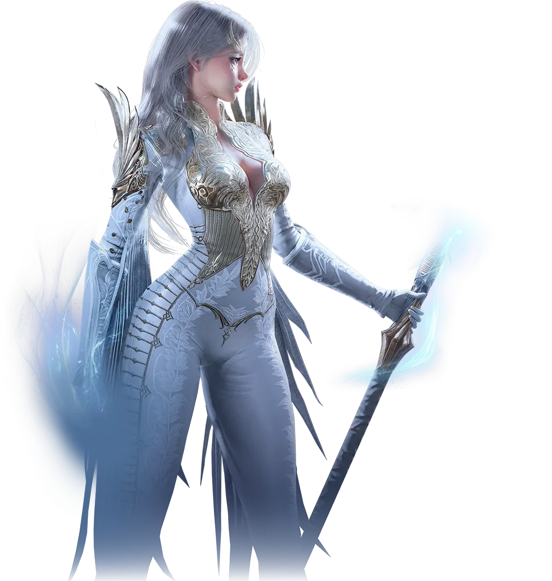 Official AION 2 Elyos faction character render with white armor and a blue blade