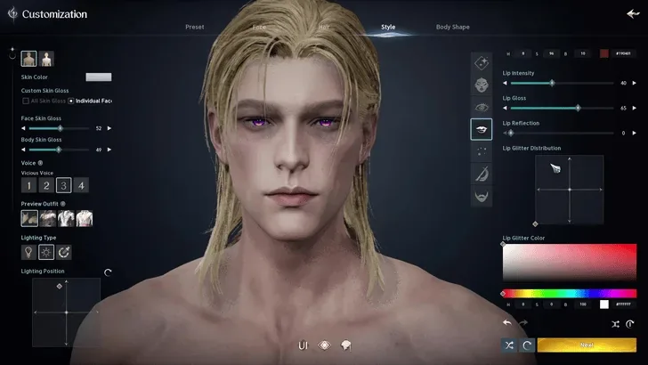 AION 2 Style customization screen showing lip appearance controls