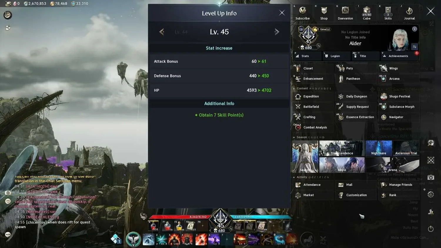 AION 2 Level Up Info window displaying level 45 stat increases and skill points
