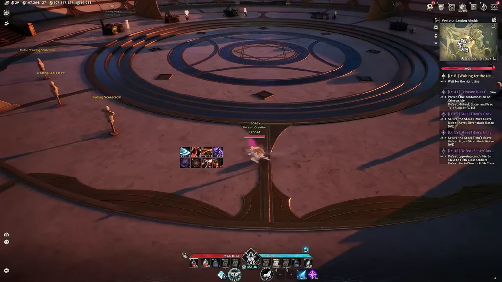 AION 2 gameplay view centered on a circular training area with training dummies and the player character visible
