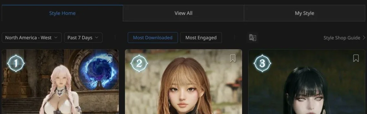 Official Style Shop appearance listing with North America West, Past 7 Days and Most Downloaded filters