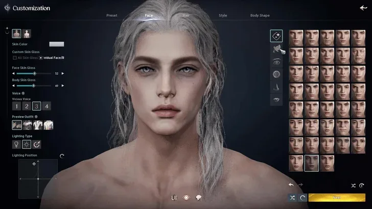 AION 2 character customization editor showing face presets and navigation tabs