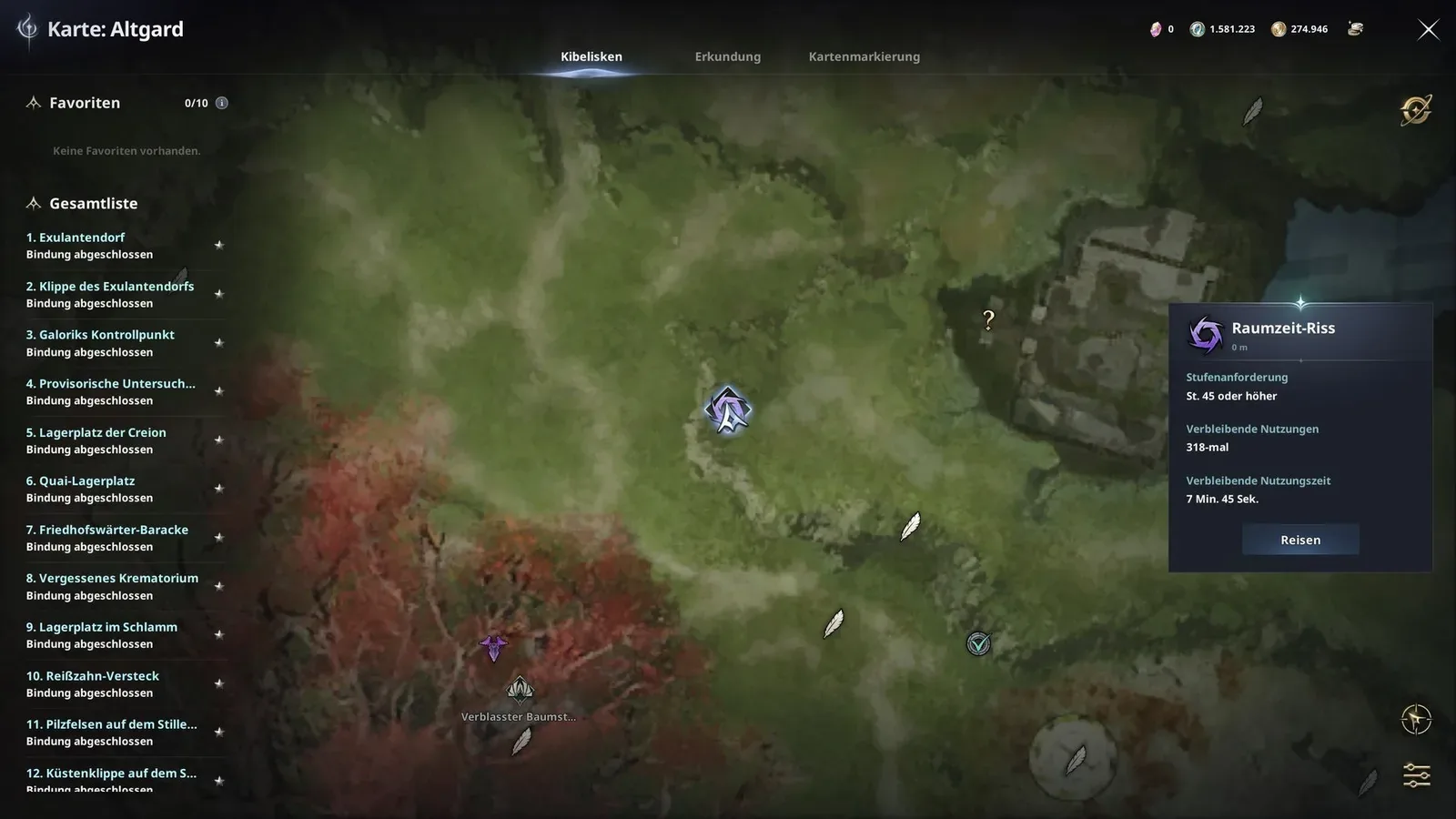 AION 2 Altgard map with the Spacetime Rift vortex icon selected and its information window visible