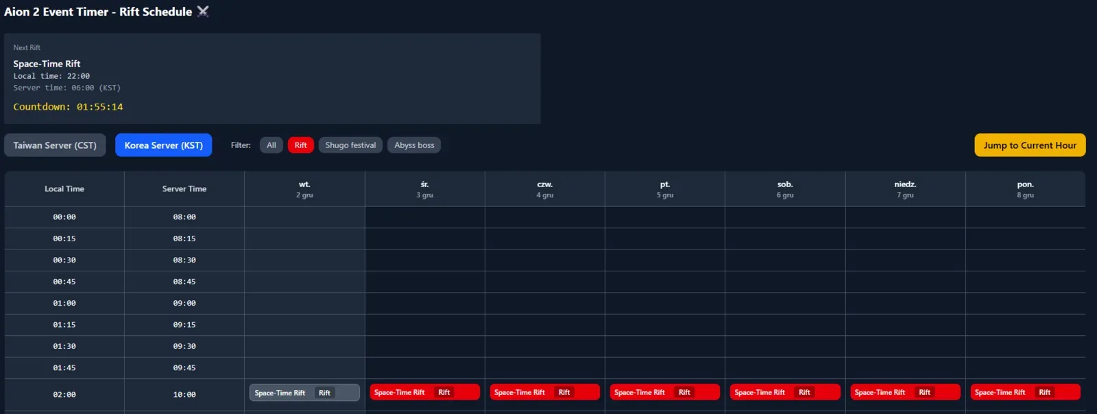 AION 2 event dashboard with a Space-Time Rift countdown, local and server times, region tabs, and filters