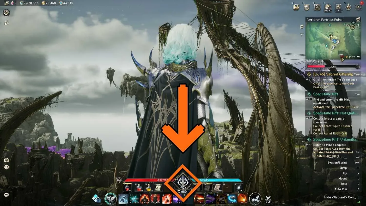 Global character level 45 highlighted in the bottom combat interface