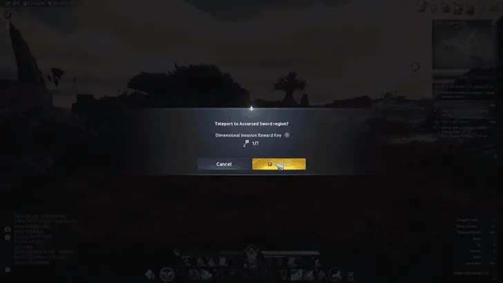 AION 2 teleport prompt for the Accursed Sword region naming a Dimensional Invasion Reward Key